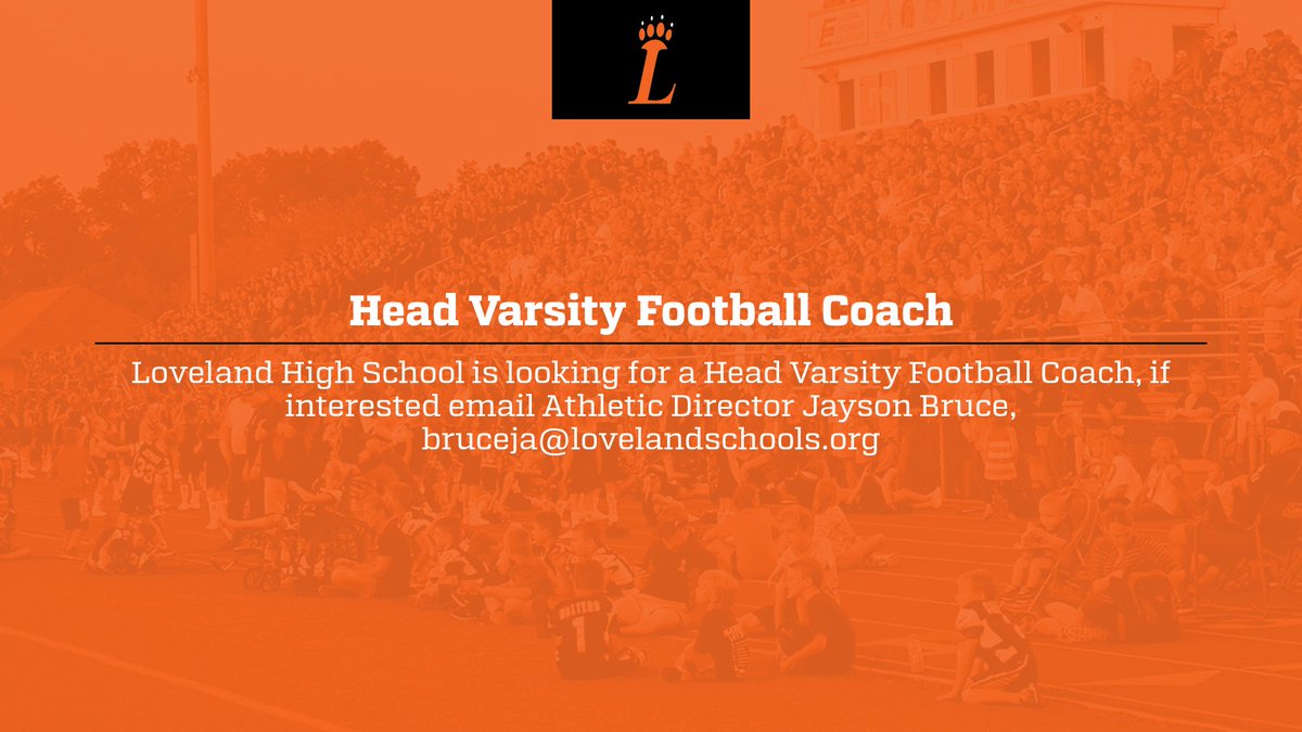 Jayson Bruce (@lhstigerad) on Twitter photo Loveland High School seeks a Head Varsity Football Coach for the 2024 Football Season. Interested applicants please send letter of interest and resume to Athletic Director Jayson Bruce at bruceja@lovelandschools.org Teaching positions are avaialble. <a href="/Loveland_AsstAD/">Shayne Lyons</a> Loveland High School seeks a Head Varsity Football Coach for the 2024 Football Season. Interested applicants please send letter of interest and resume to Athletic Director Jayson Bruce at bruceja@lovelandschools.org Teaching positions are avaialble. <a href="/Loveland_AsstAD/">Shayne Lyons</a>