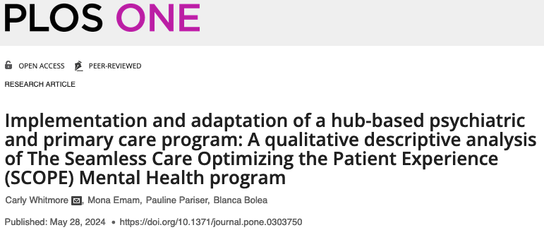 The Seamless Care Optimizing the Patient Experience - Mental Health (SCOPE-MH) program is a collaborative mental health model that supports primary care providers. In this paper, we explored the evolution & implementation of SCOPE-MH across 8 GTA sites. journals.plos.org/plosone/articl…