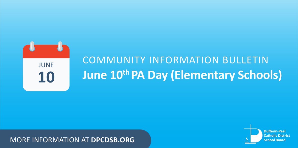 June 10, 2024, is a Professional Activity Day for all DPCDSB elementary schools.

As per the Education Act R.R.O. 1990, Regulation 304, details about PA days will be made available to parents/guardians.

➡More information: dpcdsb.info/PADay-June10