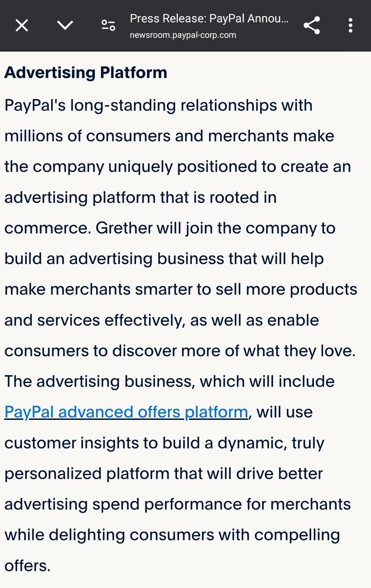 PayPal baut eine eigene Werbeplattform, weil sie

'Aufgrund der langjährigen Beziehungen von PayPal zu Millionen von Verbrauchern und Händlern ist das Unternehmen in der einzigartigen Lage, eine Werbeplattform zu schaffen, [...]' 🤡

= Geil Daten von Millionen Kunden 😍