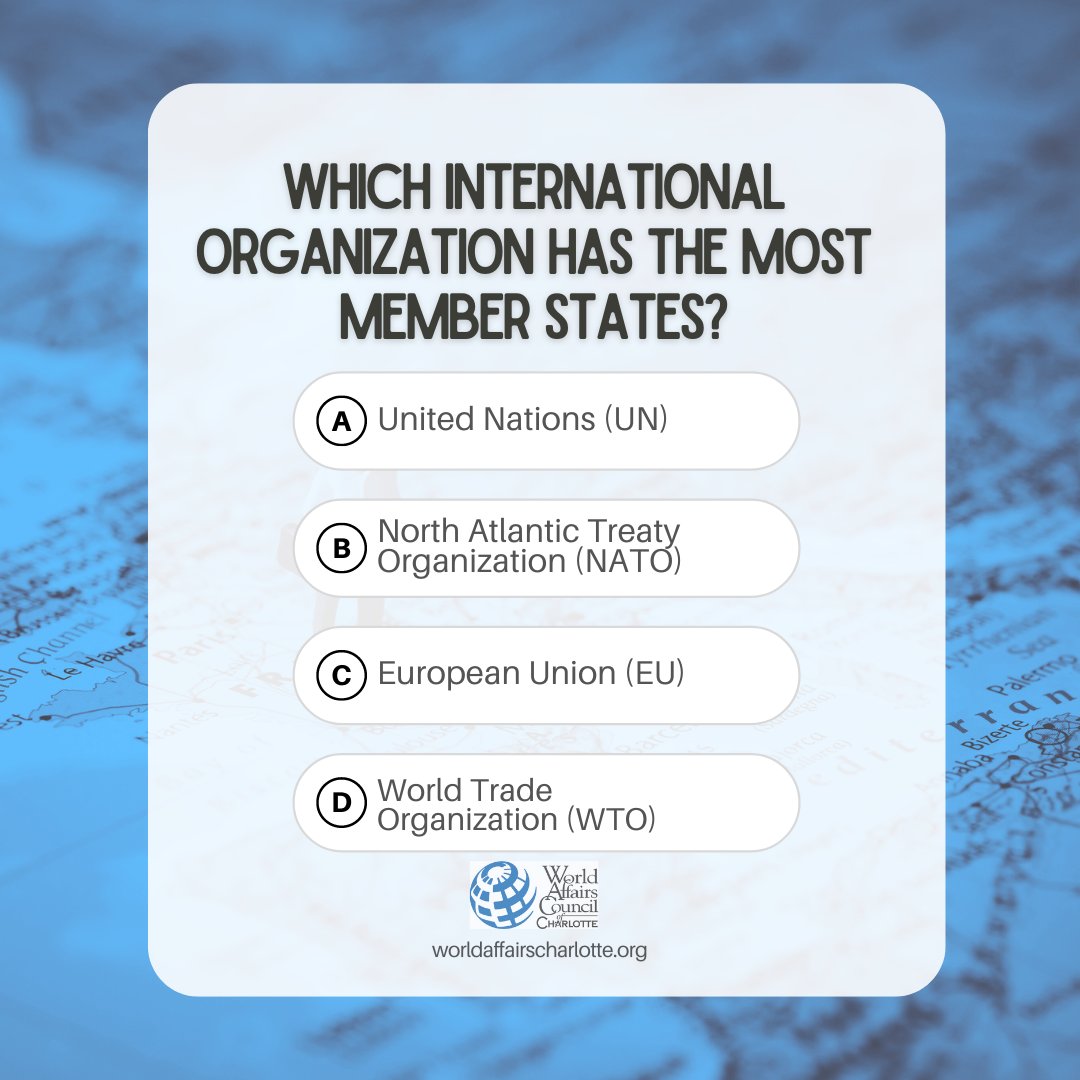 Feeling diplomatic this #TriviaThursday? Which international organization has the most countries working together? 🌍️

#WorldOrder #GlobalPeace #InternationalAffairs #WorldAffairs #CurrentNews #Charlotte #Trivia #NATO #UnitedNations #EU