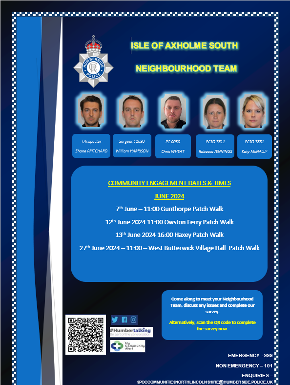 #Isleofaxholme
#communitypolicing

Here are your June engagement dates for Isle South.  Please pop along and chat with us about any issues you may have in your area. 

Thank you 
Epworth NPT