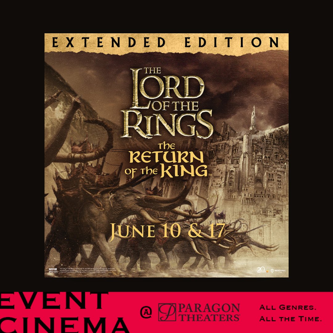 See #TheLordOfTheRings trilogy (extended versions) again on the big screen at #ParagonTheaters starting June 8!

Find showtimes + Get your tickets bit.ly/3WYtTEZ 🎟️