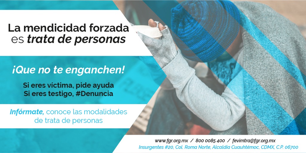 La mendicidad forzada es una de las múltiples caras del delito de #TrataDePersonas. Muchas personas son explotadas con el fin de obtener dinero. #Infórmate, #denuncia: #FEVIMTRA.