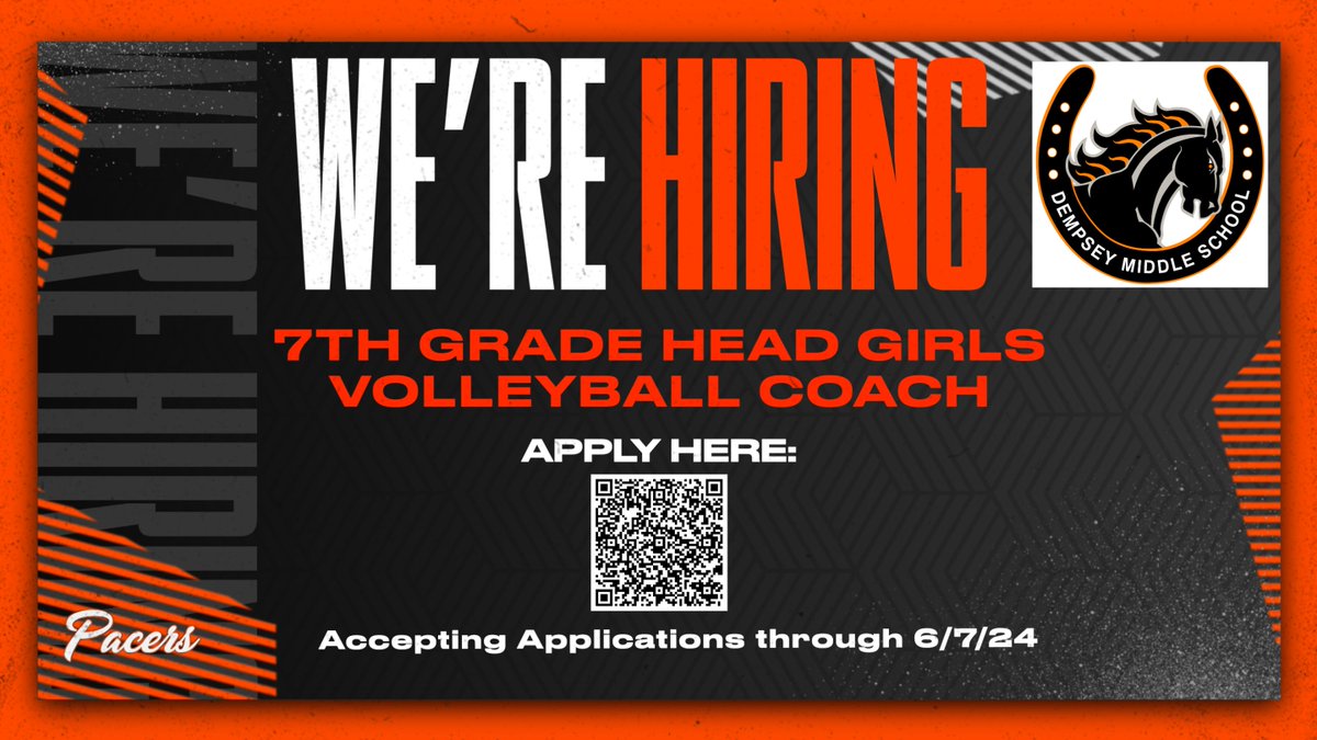 Dempsey Athletics is searching for a 7th Girls Volleyball Head Coach. If you or someone you know would be a good fit, apply today!  #GoPacers  Apply online: bit.ly/3x5XjCI