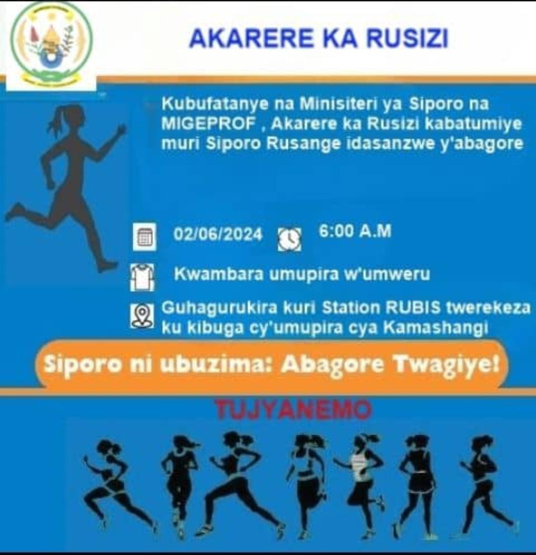 Turarikiye  abatuye <a href="/RusiziDistrict/">Rusizi District</a> kwitabira Siporo y'Abagore yiswe " One Million Women Walk " Ku ya 02/06/2024 .Ku rwego rw'Akarere tuzahagurukira ku Cyapa (Station Rubis) ,twerekeza ku kibuga cyo ku  Kamashangi  #AbagoreTwagiye 
#TUJYANEMO