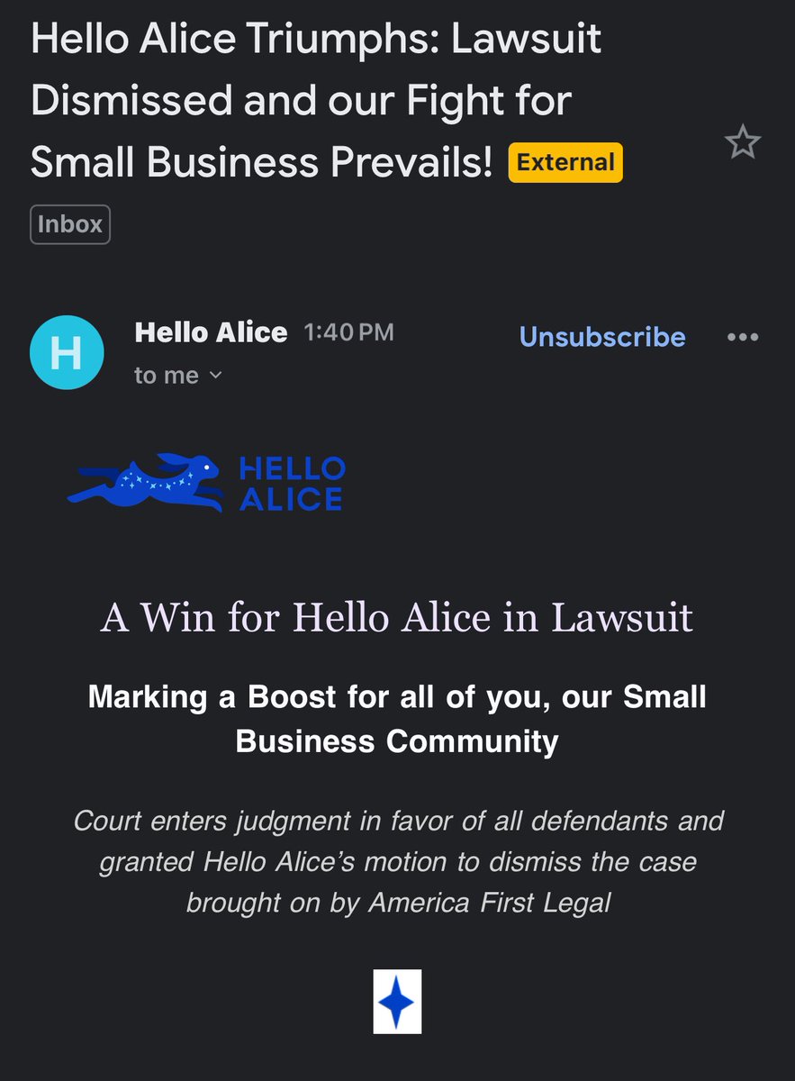 WOOOOOO🔥🙌🏾 Congrats to @HelloAlice on their win!

They were victims of American First Legal who are targeting organizations and programs serving the underserved.