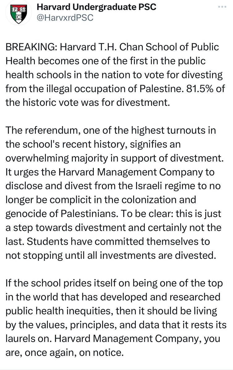 كلية تشان للصحة العامة في هارفارد، واحدة من أوائل كليات الصحة العامة في الولايات المتحدة تصوت لصالح سحب الاستثمارات من الاحتلال الصهيوني.كان  81.5٪ من التصويت التاريخي لسحب الاستثمارات. 🇵🇸✌🏾

خبر مش قليل! لما كلية في هارفارد تقود-وهنا من يصوت هي الكلية- وليس الطلبة- فقد مهدت