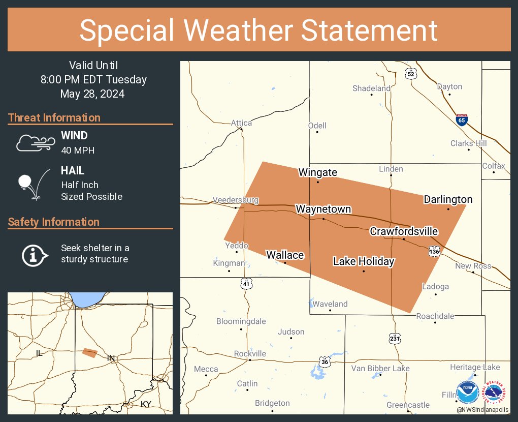 A special weather statement has been issued for Crawfordsville IN, Waynetown IN and Lake Holiday IN until 8:00 PM EDT