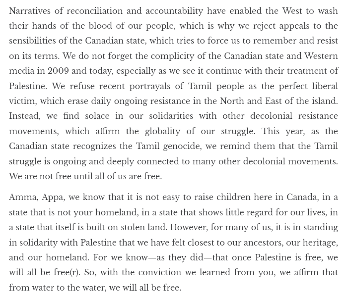 "Dear Amma and Appa ... we are writing to you on this 15th anniversary of Mullivaikkal from the Palestine solidarity encampment at the Uni of Toronto ... it was you who taught us that Palestinian liberation is inextricably intertwined w Tamil liberation." 
twailr.com/a-letter-to-ou…