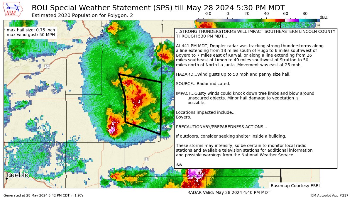 STRONG THUNDERSTORMS WILL IMPACT SOUTHEASTERN LINCOLN COUNTY THROUGH 530 PM MDT [wind: 50 MPH, hail: 0.75 IN] for Southeast Elbert County Below 6000 Feet/South Lincoln County [CO] mesonet.agron.iastate.edu/p.php?pid=2024…