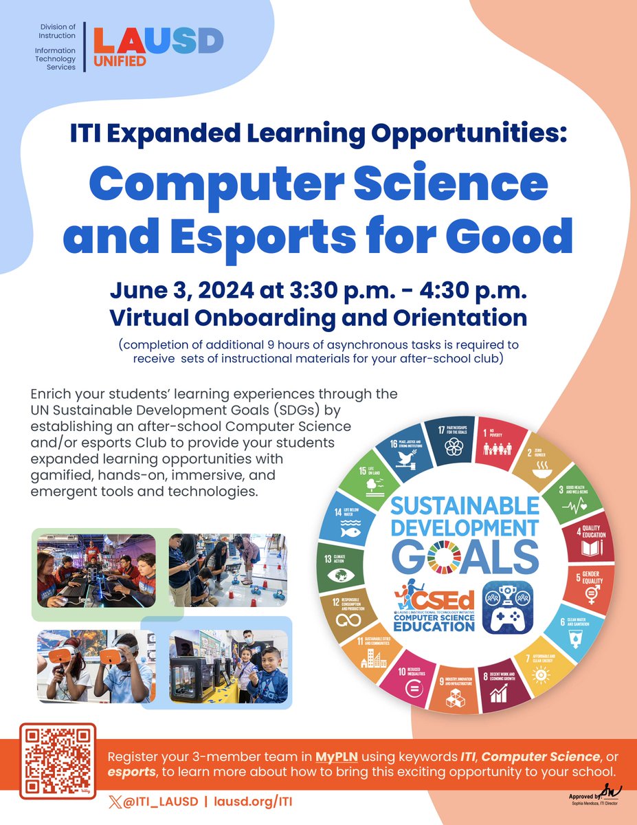 Inviting ALL @LASchools to host a Computer Science and Esports for Good after-school club! Enrich learning w/ @TeachSDGs using gamified, hands-on tools like robots & VR headsets. Learn more at our 6/3 virtual onboarding & orientation by registering your team on MyPLN by June 1!
