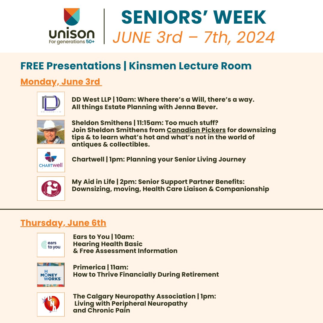 Unison50Plus's tweet image. Unison Calgary FREE Seniors' Week Presentations on Monday, June 3rd and Thursday, June 6th at the Kinsmen Lecture Room!

For the FULL Seniors' Week Schedule, visit unisonalberta.com/event-listing/…

#olderadults #seniorsweek2024 #seniorsweek #aging #yyc #calgary #agefriendlyyyc