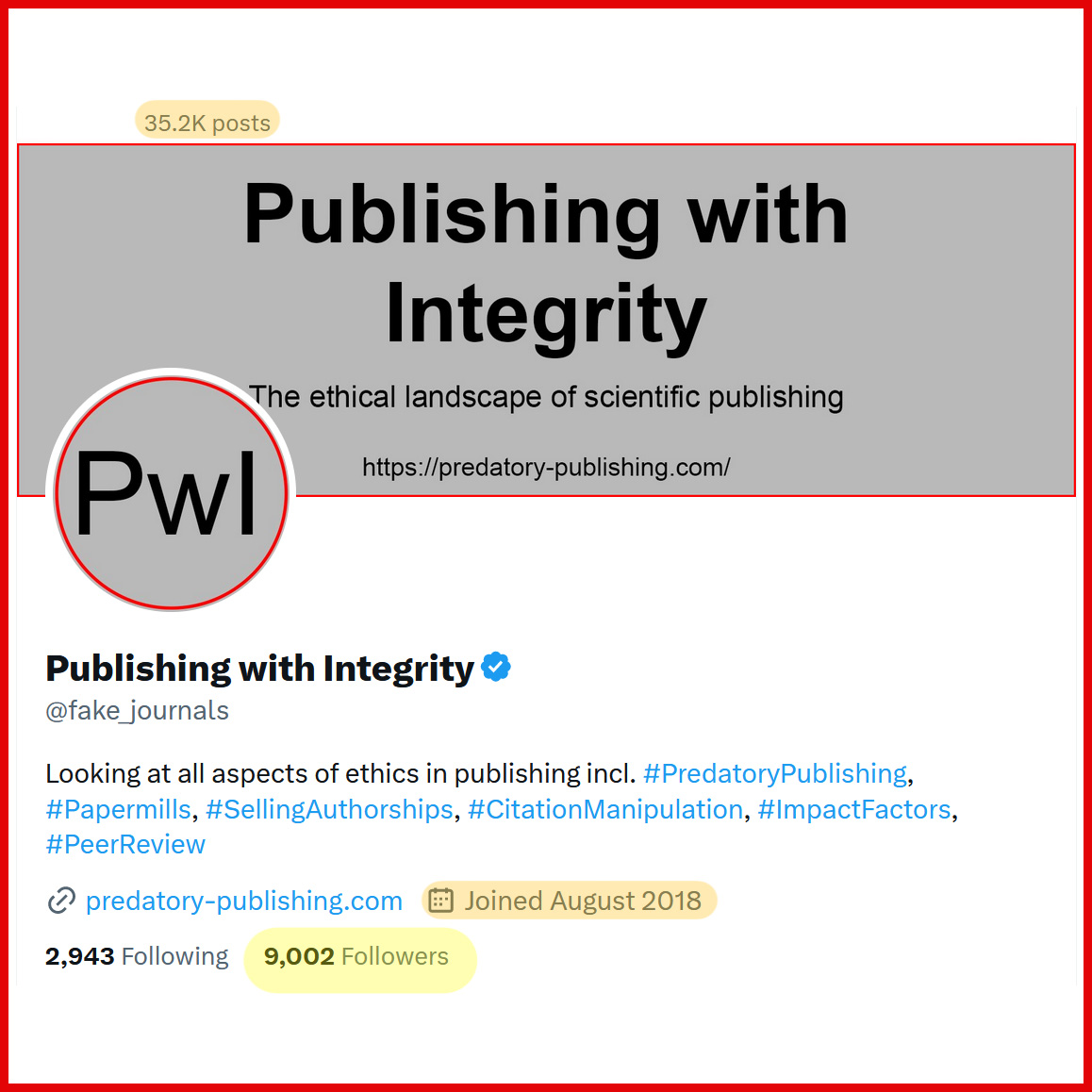 fake_journals's tweet image. .
THANK YOU!
We'd like to thank our 9,000+ followers. This means we are 90% of the way to our target of 10,000 followers. When that happens, we will go public on who we are. Realistically, we'll wait until we get to about 10,200, which we want to maintain for a couple of weeks -…