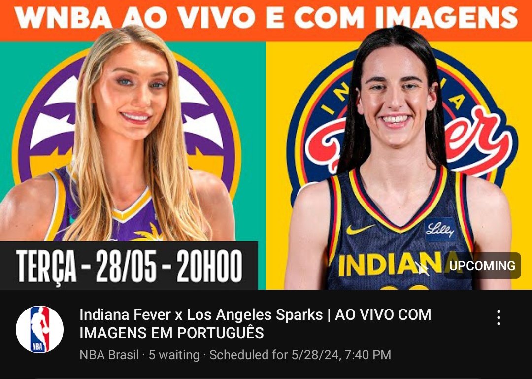 ATENÇÃO O canal da NBA Brasil no YouTube irá transmitir DE GRAÇA o jogo entre Indiana Fever X Los Angeles Sparks pela WNBA, agora às 20h