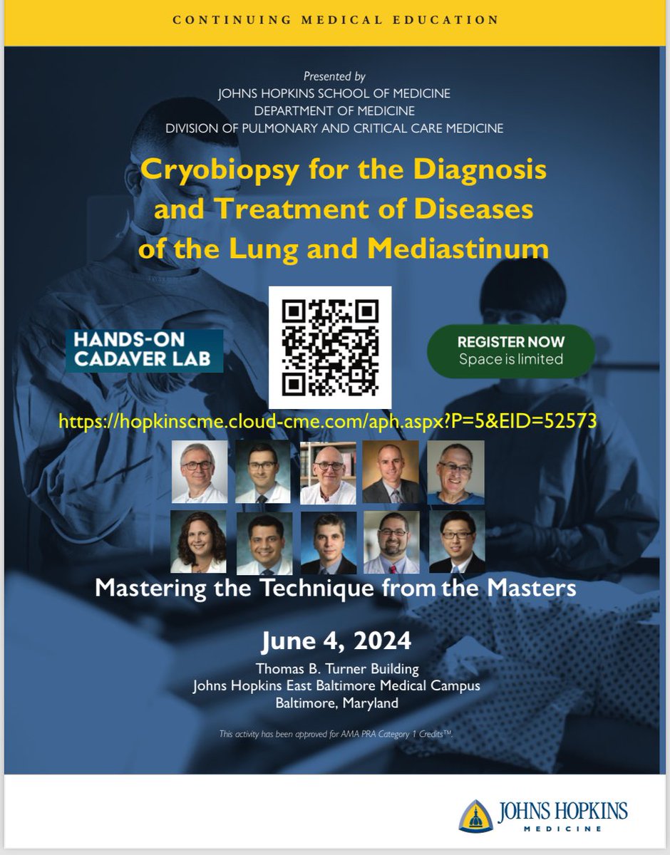 Want to learn how to master the technique of Cryobiopsy from the masters? Join us at Johns Hopkins in Baltimore, MD on June 4th for our CME event: Cryobiopsy for the Diagnosis and Treatment of Diseases of the Lung and Mediastinum! hopkinscme.cloud-cme.com/course/courseo…