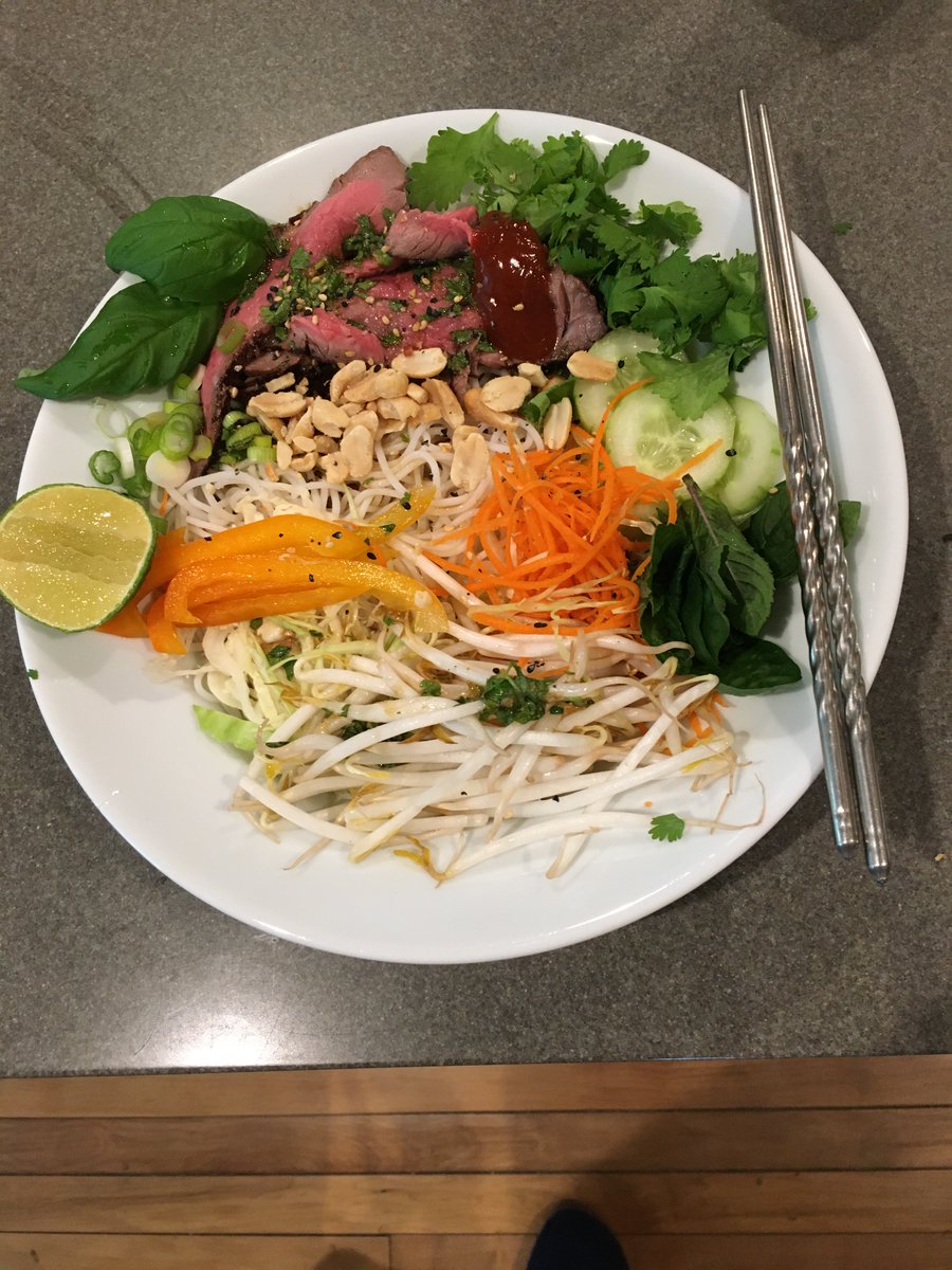 Left-over steak in a cold, Vietnamese beef and rice noodle salad. A hundred layers of flavor! With mint, basil, cilantro, peanuts, cabbage, carrot, bean sprouts, peppers, lime, and a nuoc cham-style dressing! Hell YEAH! I could eat this every day!
