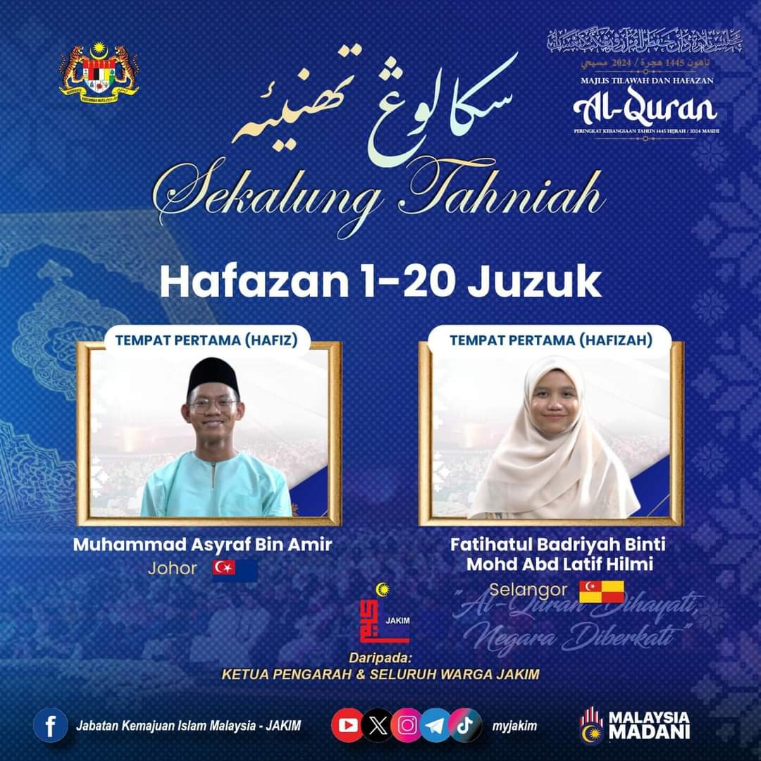 UCAPAN TAHNIAH

Alhamdulillah, syabas buat para pemenang sempena Majlis Tilawah Al-Quran dan Hafazan Peringkat Kebangsaan 1445H / 2024M di Kuantan, Pahang.

Semoga terus menjadi inspirasi buat semua! 🤲📖

#MalaysiaMadani #KitaKawan
#SebarkanSalam #IslamItuDamai