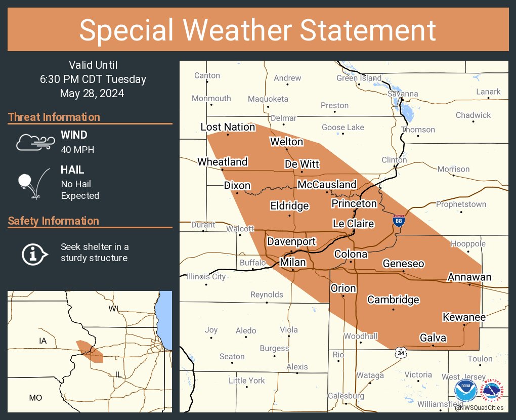 A special weather statement has been issued for Davenport IA, Moline IL and Rock Island IL until 6:30 PM CDT