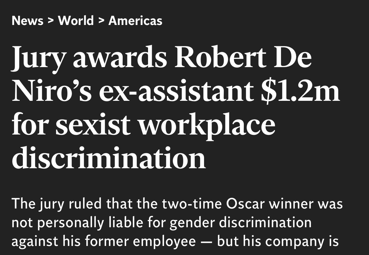 @dom_lucre Let’s also not forget that his personal assistant testified that De Niro forced her to become his “work wife” and subjected her to abusive outbursts and unwanted physical touching such as “back scratches”. De Niro is disgusting.