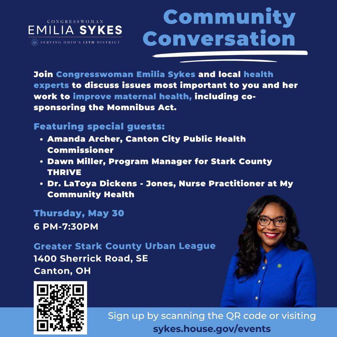 RepEmiliaSykes's tweet image. Join Rep. Sykes for a #CommunityConversation about maternal health this Thursday from 6-7:30 p.m. in Canton. Register now! sykes.house.gov/events/communi…