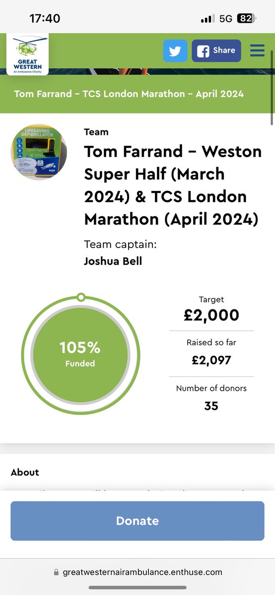 Tom Farrand (@tomfarrand2) on Twitter photo Weβve done it!
The total amount raised after completing the London marathon 2024. Which means another defibrillator can be installed in our local town!
Without you, this couldnβt be possible!
Together, we can make a change
<a href="/GWAAC/">Great Western Air Ambulance Charity</a> <a href="/DonateForDefib/">Donate For Defib WSM Project</a> <a href="/RAFMedicWO/">RAF Medic Profession Advisor</a> <a href="/RAFMedServices/">RAF Medical Services</a> Weβve done it!
The total amount raised after completing the London marathon 2024. Which means another defibrillator can be installed in our local town!
Without you, this couldnβt be possible!
Together, we can make a change
<a href="/GWAAC/">Great Western Air Ambulance Charity</a> <a href="/DonateForDefib/">Donate For Defib WSM Project</a> <a href="/RAFMedicWO/">RAF Medic Profession Advisor</a> <a href="/RAFMedServices/">RAF Medical Services</a>