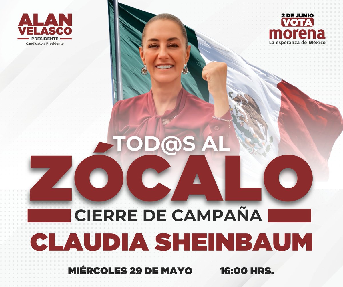 #YoConClaudia | ¡Hacia adelante, al segundo piso de la transformación! ¡Vamos este 29 de mayo al cierre de campaña de <a href="/Claudiashein/">Claudia Sheinbaum Pardo</a>! ¡Tod@s al zócalo de la ciudad de México! ¡Este 2 de junio, vota MORENA!
#VotaMorena
#VotaAlan
#AlanVelascoPresidente
#AmorAValle