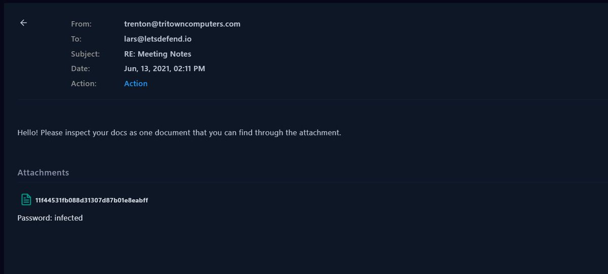 YourNextCISO's tweet photo. Day 23 of #365daysofSOC 
✅conducted an investigation on a phishing email alert that showed signs of a malicious macro file being downloaded and executed on a user's machine, gathered IOCs, deleted the files, and contained the machine.@letsdefend https://t.co/OZmEosi2oL