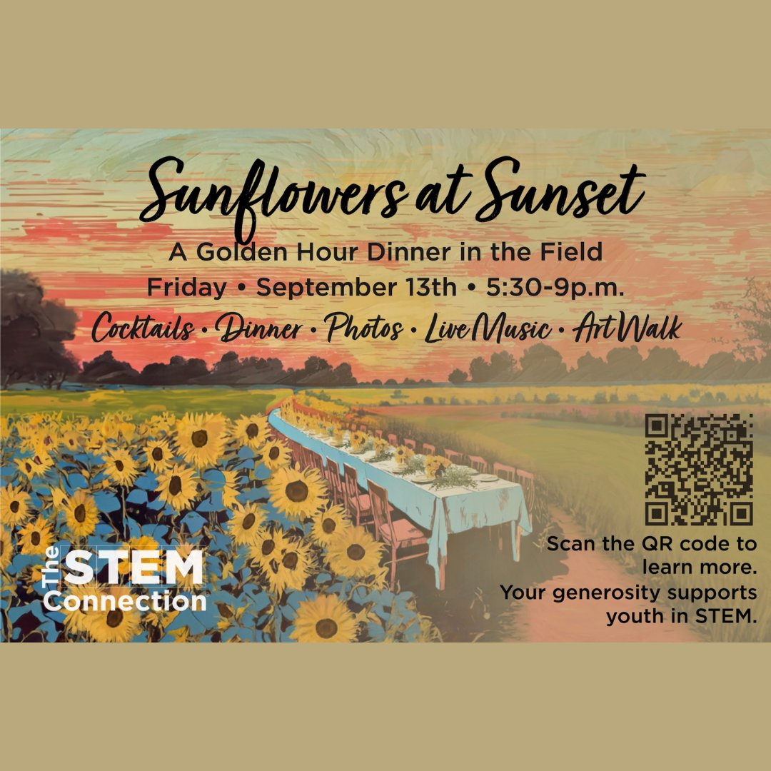 Our friends at The Stem Connection are having their Sunflowers at Sunset dinner on Friday Sept 13th. Simply scan the QR code below to learn more, and get tickets to this amazing event!
