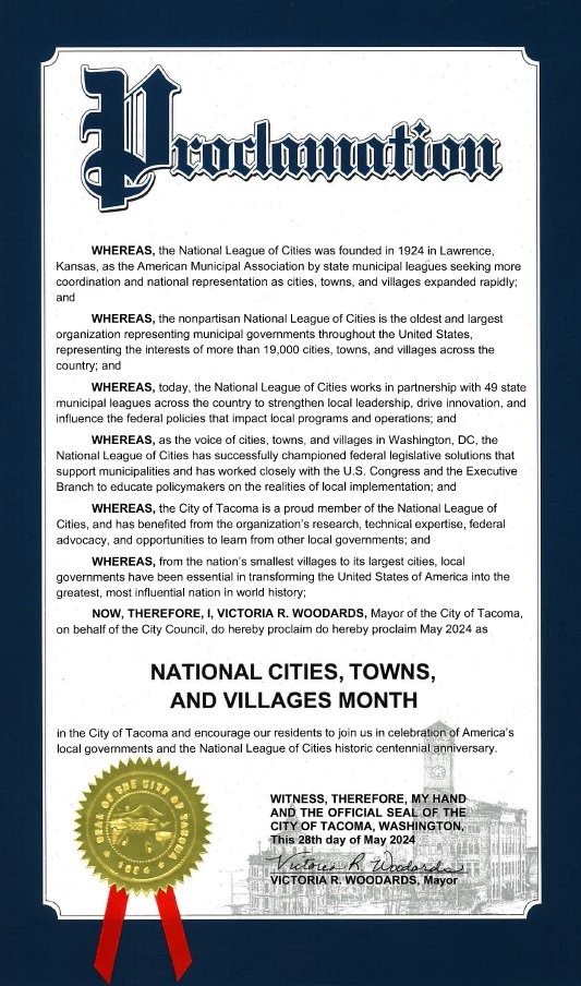 May is Cities, Towns, and Villages Month. As a proud member of the @LeagueofCities, we have benefited from our membership and recognize their 100th anniversary as we celebrate Cities, Towns, and Villages Month in #Tacoma.
