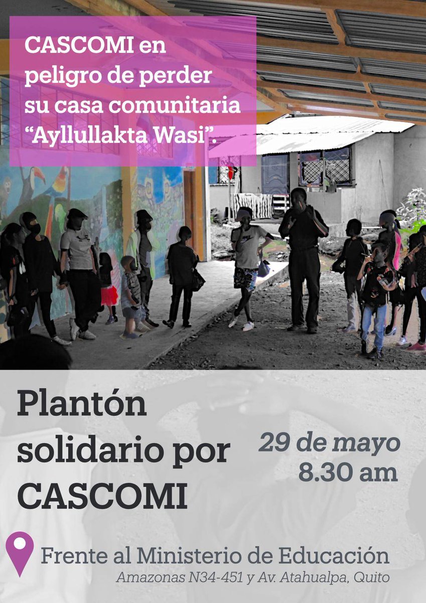 MAÑANA 8.30am👇
Convocamos a organizaciones, colectivos y ciudadanía a unirse al PLANTÓN SOLIDARIO con las familias de CASCOMI quienes están en peligro de perder su casa comunitaria “Ayllullakta Wasi” nuevamente por la presión mega-minera! 
#SomosCascomi #NuestraCasaNoSeToca