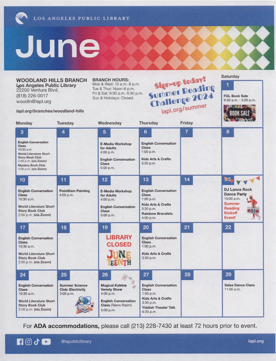 There's a lot happening at the Woodland Hills Branch Library in June! Including the beginning of Summer Reading. There are programs, classes and events for all ages and interests. We hope to see you this summer! #LAPL #WoodlandHills #FamilyFun #SummerReading #LibrariesRock