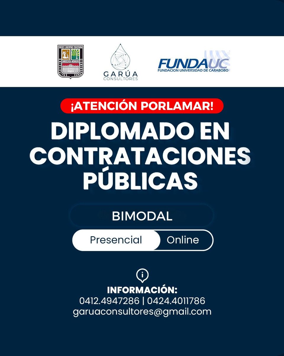 FundaucVal's tweet photo. ⚠️ ¡Atención Nva. Esparta,  buena noticia! El Diplomado en Contrataciones Públicas, abre sus inscripciones bajo la modalidad BIMODAL, en Porlamar. Inf
0412.4947286 - 04244011786
Garuaconsultores@gmail.com#contratacionespublicas #compraspublicas  #venezuela #contratistas #empresas https://t.co/MGySXElis0