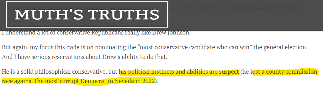 In 2022, @ChuckMuth praised @DrewForNevada and gave him an award for his performance running for Clark County Commission. Johnson faced 'tremendous odds' and 'heavily-funded incumbent,' Muth wrote. Despite that Johnson came within 336 votes of 'pulling off a major upset.' Today,