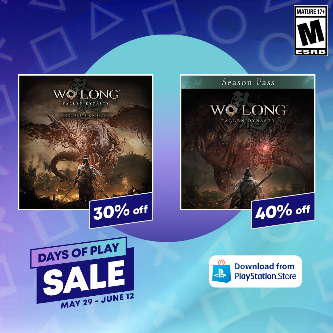 Days of Play Sale for #PlayStation is here! Pick up Wo Long: Fallen Dynasty Complete Edition for 30$ off or the season pass for 40% off if you have the base game already! WLCE - tinyurl.com/yck4v6j9 WL Season Pass - tinyurl.com/mncsp8n9 #WoLong #WoLongFallenDynasty