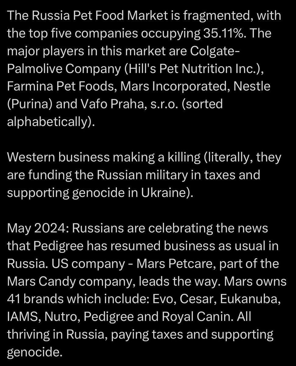 Are you feeding your own little fellas Purina, Hill’s, Iam’s, Pedigree, Nutro, Eukanuba, Royal Canin or any of these other brands that are doing business in ruzzia?

@Beefeater_Fella has a good thread on this.