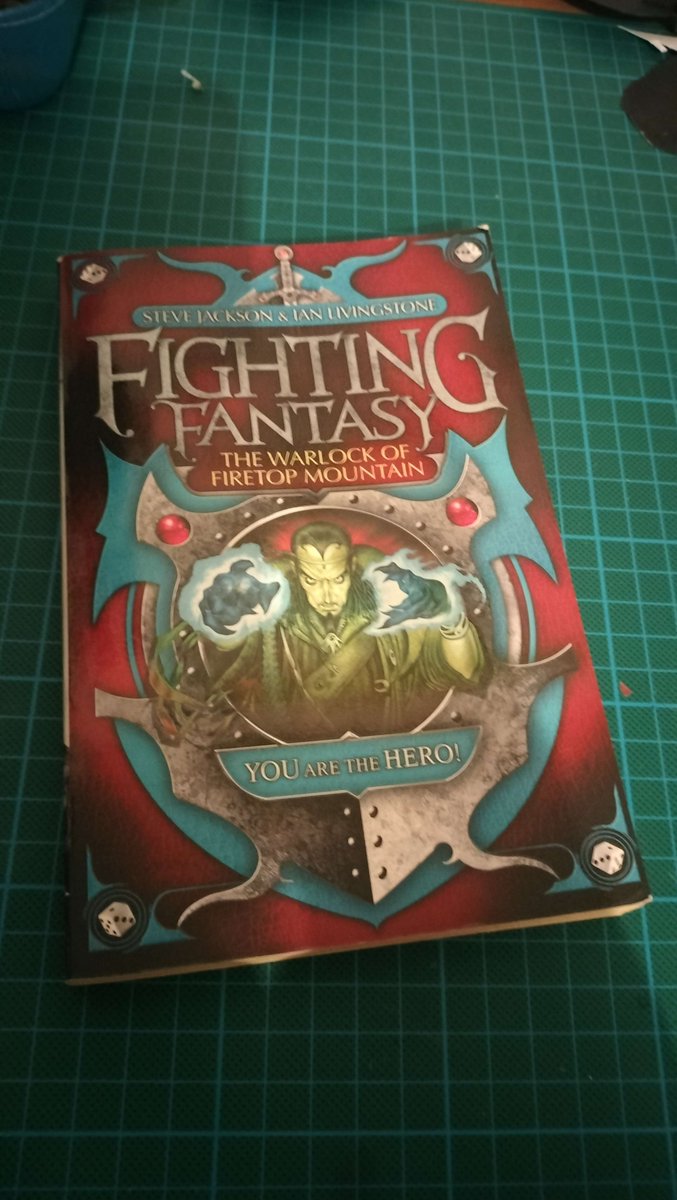 Borrowed from a friend: the original Fighting Fantasy book, Warlock of Firetop Mountain! Starting at the source to investigate GMless/Solo RPGs where the book is mean to you