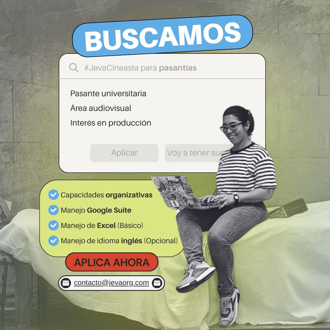 JEVA ORG (@jevaorg) on Twitter photo 👀 ¿Buscando pasantías? Estás viendo el anuncio correcto.
En JEVA queremos encontrarte a ti, estudiante del área audiovisual para que entres en nuestro equipo y podamos apoyar los pasos finales en tu carrera universitaria.
👇🏽 Aplica ahora
📩 contacto@jevaorg.com
#Pasantías 👀 ¿Buscando pasantías? Estás viendo el anuncio correcto.
En JEVA queremos encontrarte a ti, estudiante del área audiovisual para que entres en nuestro equipo y podamos apoyar los pasos finales en tu carrera universitaria.
👇🏽 Aplica ahora
📩 contacto@jevaorg.com
#Pasantías