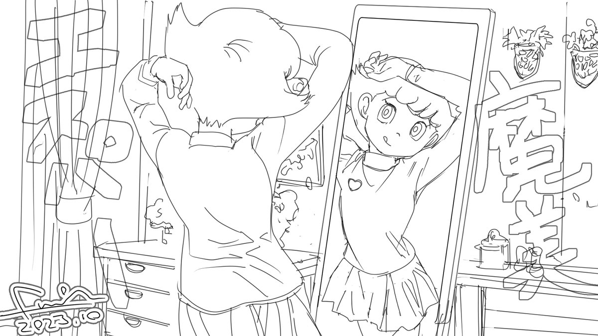 左手が右手になってたこっちも直した。左が修正版。これはラピュタのパズーと同じ理屈で、頭の後ろに手を回すと親指が下に来るという感覚で間違えてしまう 