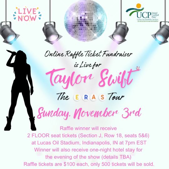 United Cerebral Palsy in Joliet is raffling 2 Floor seats to see Taylor Swift. The link goes live at 7:00PM tonight. Your $100 donation goes to empower individuals with disabilities and provides quality programs to support them. UCPTSwiftRaffle.GiveSmart.com