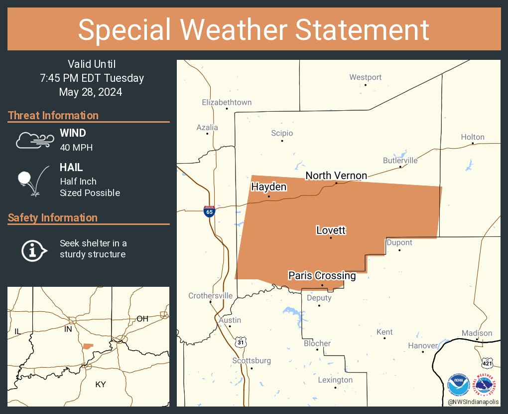 A special weather statement has been issued for North Vernon IN, Hayden IN and Vernon IN until 7:45 PM EDT