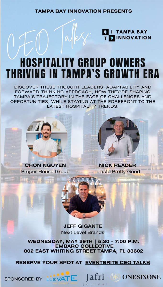 Bianca Peynado (@bianca_peynado) on Twitter photo Tampa innovators - come tomorrow for my re-launched “CEO Talks” series in-person panel discussion☀️
Sponsored by: <a href="/161ventures/">OneSixOne Ventures</a>, <a href="/JafriJournal/">Jafri Journal</a> & <a href="/Elevate_Inc/">Elevate, Inc.</a>
<a href="/chonnguyen/">Chon Nguyen</a>, <a href="/JeffGigante/">Jeff Gigante</a>, <a href="/justis_mendez/">justis-mendez</a>, <a href="/pablo_casilimas/">Pablo Casilimas</a> Tampa innovators - come tomorrow for my re-launched “CEO Talks” series in-person panel discussion☀️
Sponsored by: <a href="/161ventures/">OneSixOne Ventures</a>, <a href="/JafriJournal/">Jafri Journal</a> & <a href="/Elevate_Inc/">Elevate, Inc.</a>
<a href="/chonnguyen/">Chon Nguyen</a>, <a href="/JeffGigante/">Jeff Gigante</a>, <a href="/justis_mendez/">justis-mendez</a>, <a href="/pablo_casilimas/">Pablo Casilimas</a>