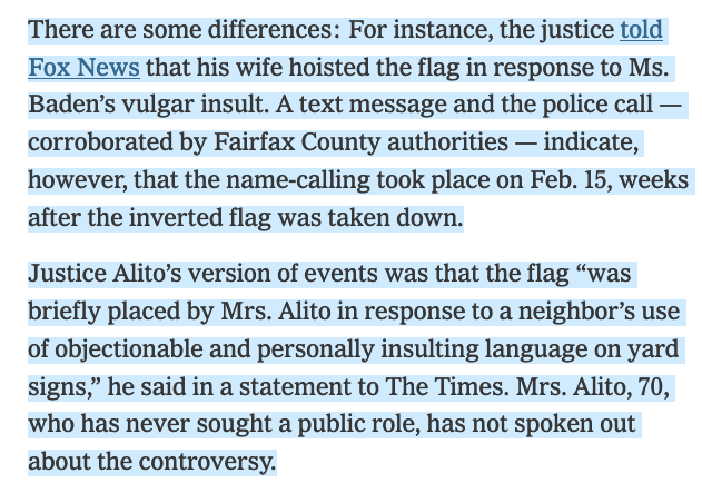 So Justice Alito's version of events DOES NOT HOLD UP. ⤵️ 'A text message and the police call — corroborated by Fairfax County authorities — indicate, however, that the name-calling took place on Feb. 15, weeks after the inverted flag was taken down' 1/