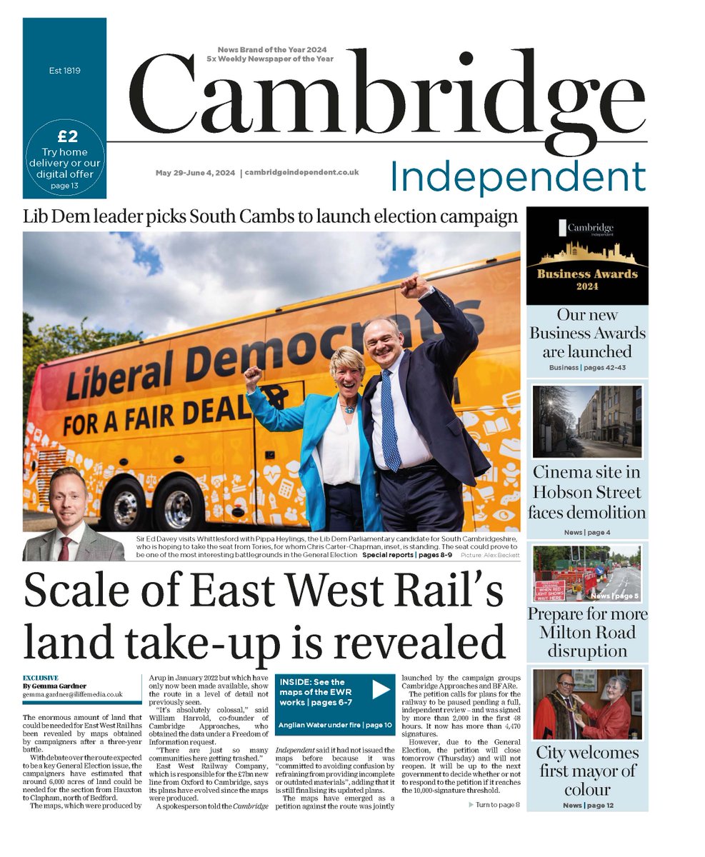 In @CambridgeIndy - new maps suggest potential land take-up for #EastWestRail, a #GeneralElection special & we launch our inaugural Business Awards. #Cambridge has a new mayor, there's more disruption on Milton Road plus pics of Memorial Day & Hobson St latest