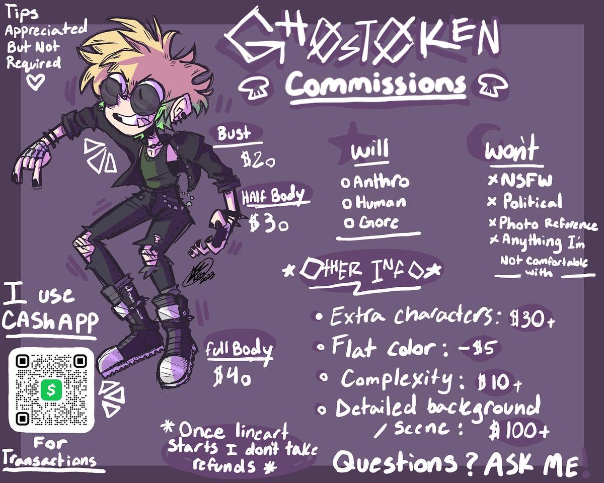 Gh0st0ken's tweet image. Commission Info!!✨
Prices may vary depending on the piece, but these are the base prices 
Questions? Feel free to ask🌝