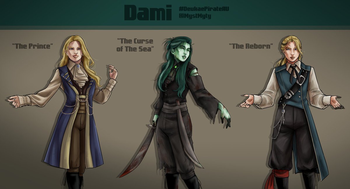 Liked the idea a bit too much and ended up doing a concept art for Dami with different arcs for #DeukaePirateAU 🐼🏴‍☠️ #드림캐쳐 #Dreamcatcher #다미 #Dami