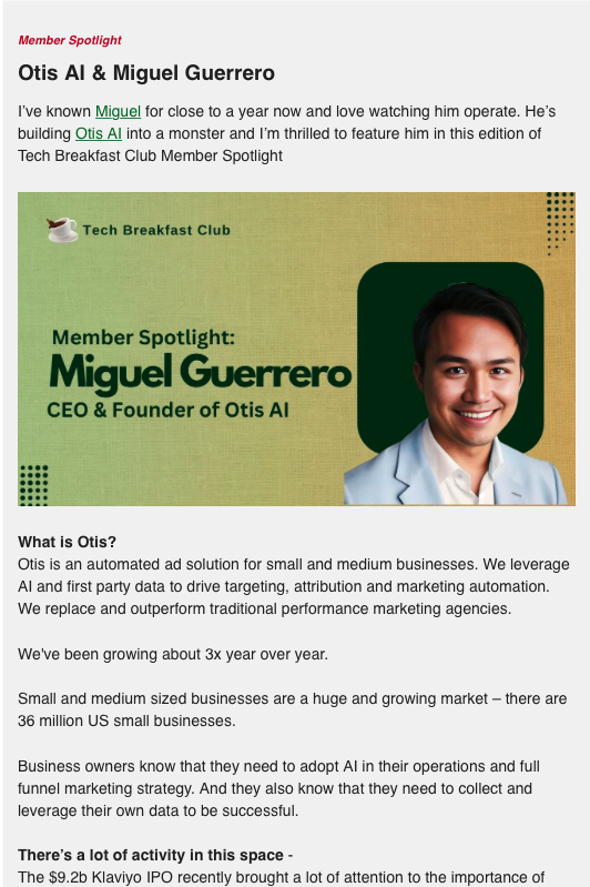So much cooking with Tech Breakfast Club the next two weeks - latest edition of the newsletter is out with lots of events to enjoy

Also featured <a href="/miguelmeep/">Miguel Guerrero</a>, Founder of <a href="/otis_ai/">Otis AI</a>. Incredible company helping SMB's scale their digital marketing