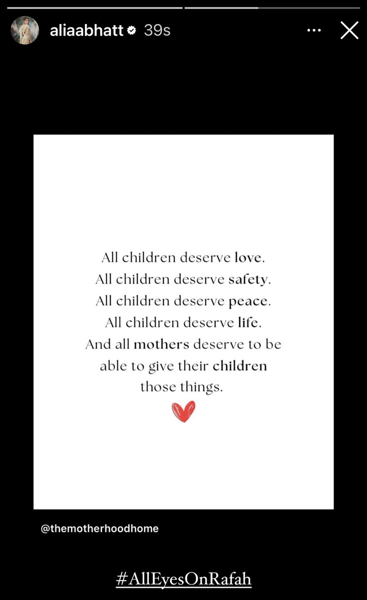 Indian Celebrities who showed solidarity with Rafah 🧵

#RafahOnFire #AllEyesOnRafah 

1. Alia Bhatt
