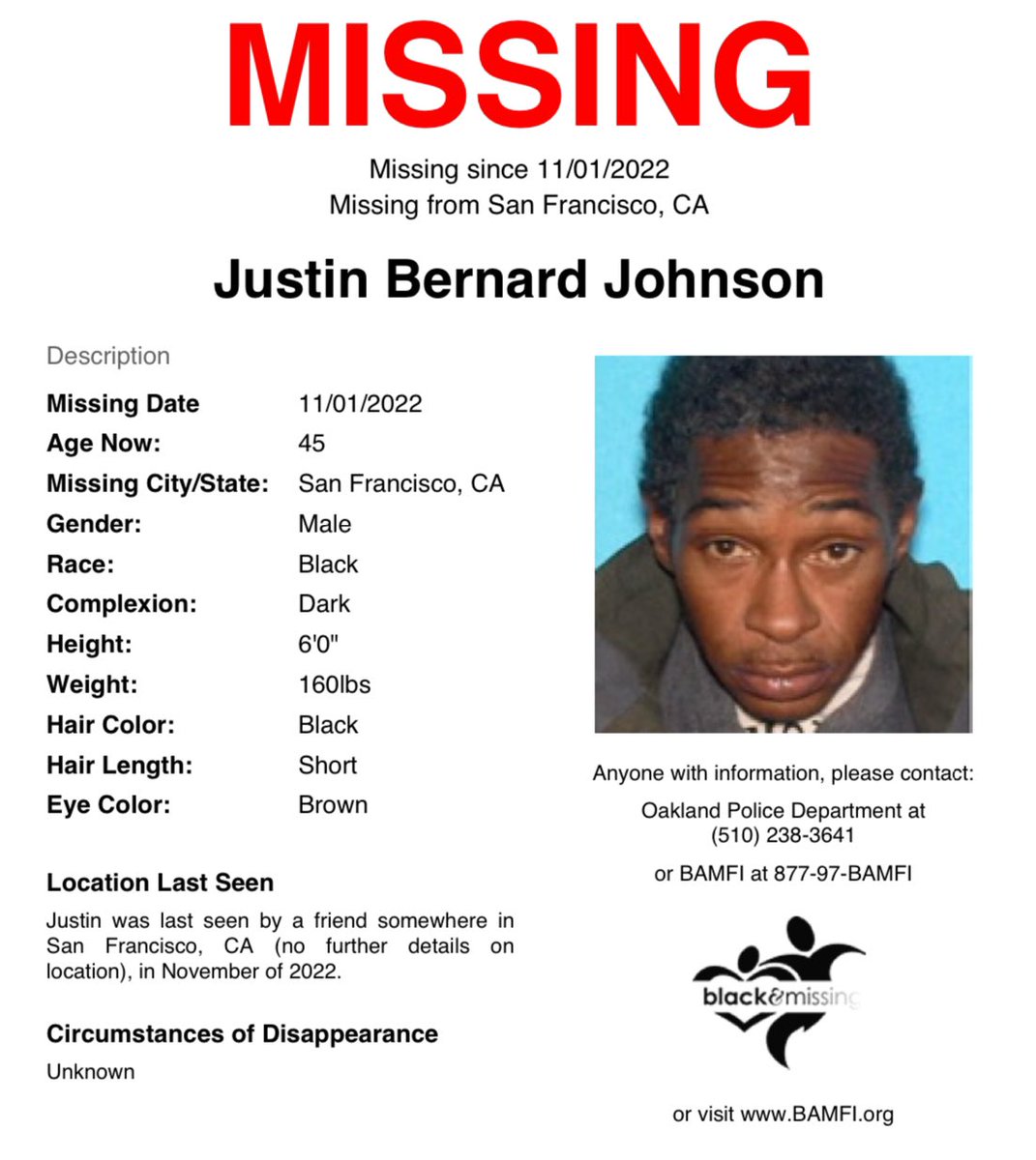 #SanFrancisco, #CA: 45y/o Justin Johnson has been MISSING for almost 2 years & hasn’t been seen since November 1st, 2022. He was last seen by a friend somewhere in San Francisco. Please share to #HelpUsFindJustinJohnson #JustinJohnson