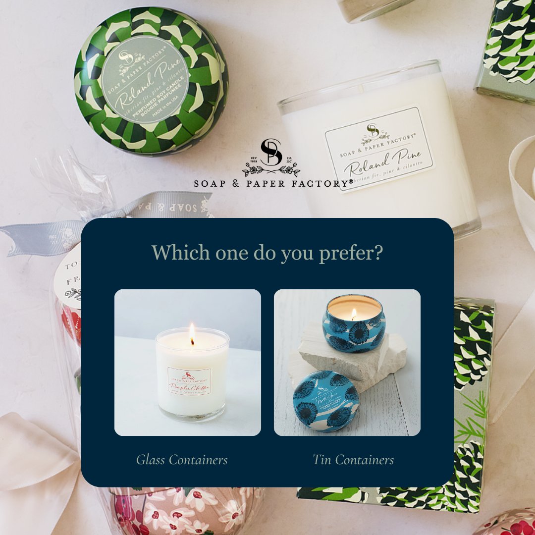 🕯️✨ Tin vs. Glass: Which Candle Container Suits You? 🌿💖Discover the perfect candle container for you at Soap &amp; Paper Factory. Which one will you choose? 🛍️🌿 shorturl.at/m7ooP
#CandleContainers #TinVsGlass #HomeDecor #SoyCandle⁠ #TinCandle⁠ #HomeFragrance